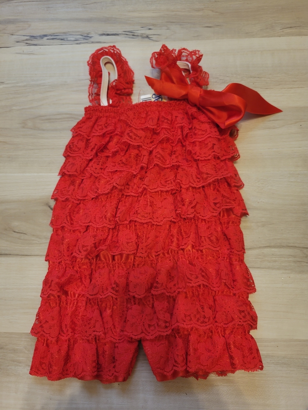 Girl's Red Lace Tiered Ruffle Romper with Bow